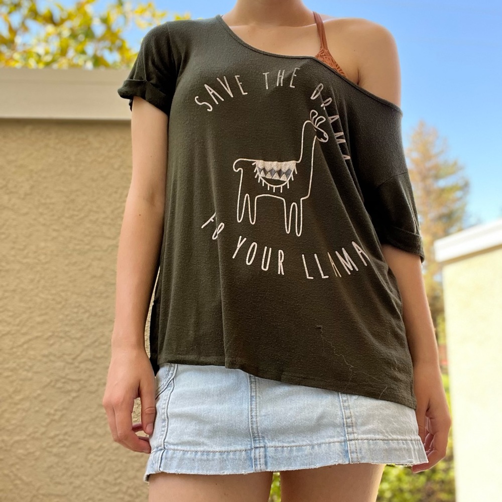 Forest Green, “Save the Drama for your Llama” off the shoulder T